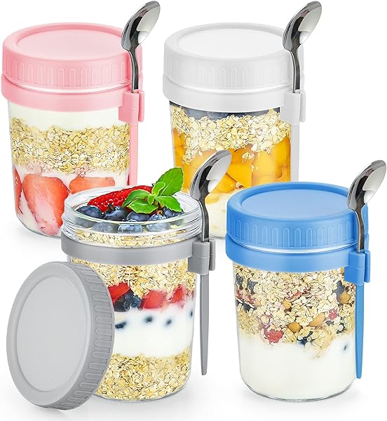 4 Pack Overnight Oats Containers with Lids and Spoons 16 Oz Glass Mason Jars  for Overnight Oats Leak Proof Oatmeal Container Great for Cereal Fruit  Vegetable Milk Salad Yogurt Meal Prep –